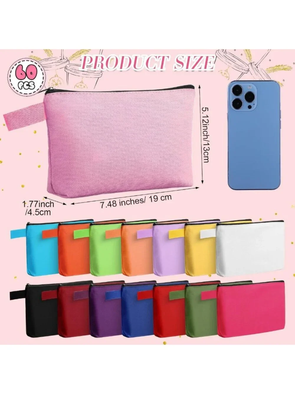 60 Pcs Multicolor Canvas Makeup Bags Set - 7.5x5x2 Inch Travel Organizers